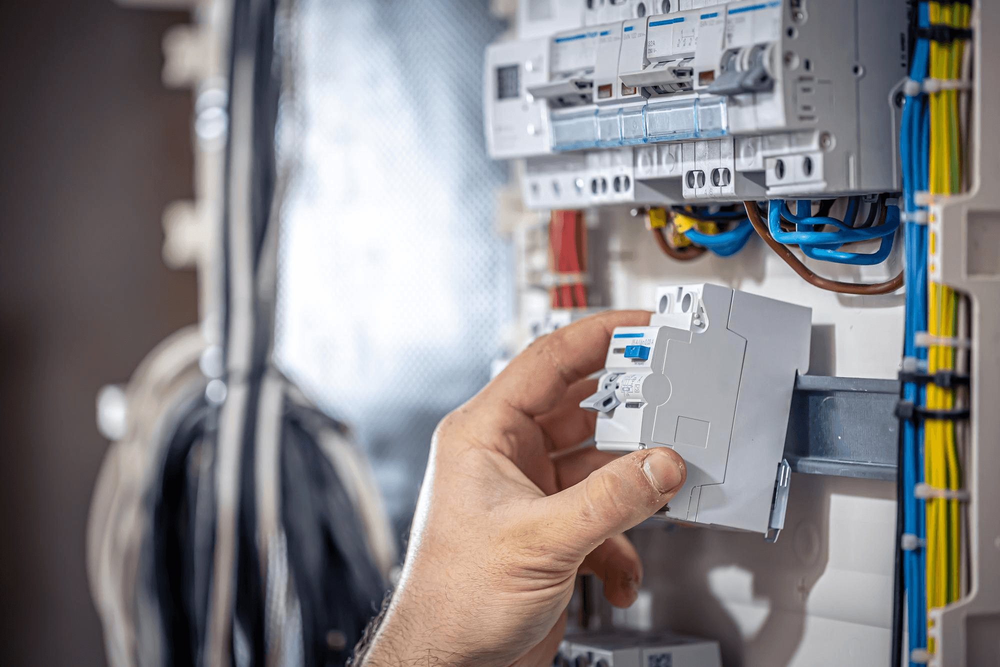 Teknisi memeriksa panel listrik industri